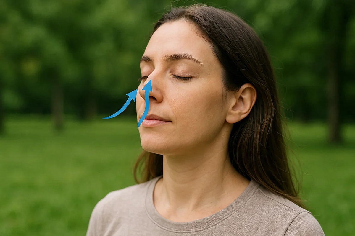 Woman breathing in through her nose outdoors, with an arrow showing the airflow