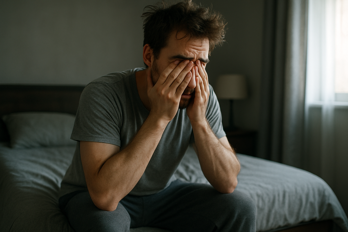 Tired man sitting on the edge of his bed at night