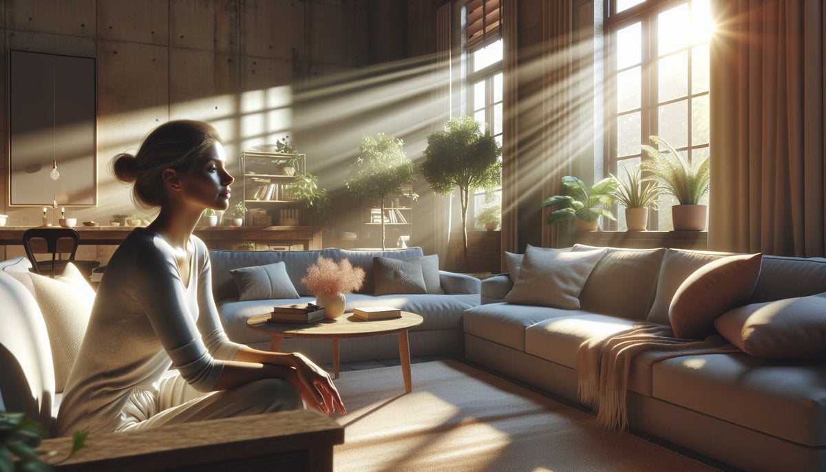 Woman sitting in a sunlit living room as morning light streams through large windows