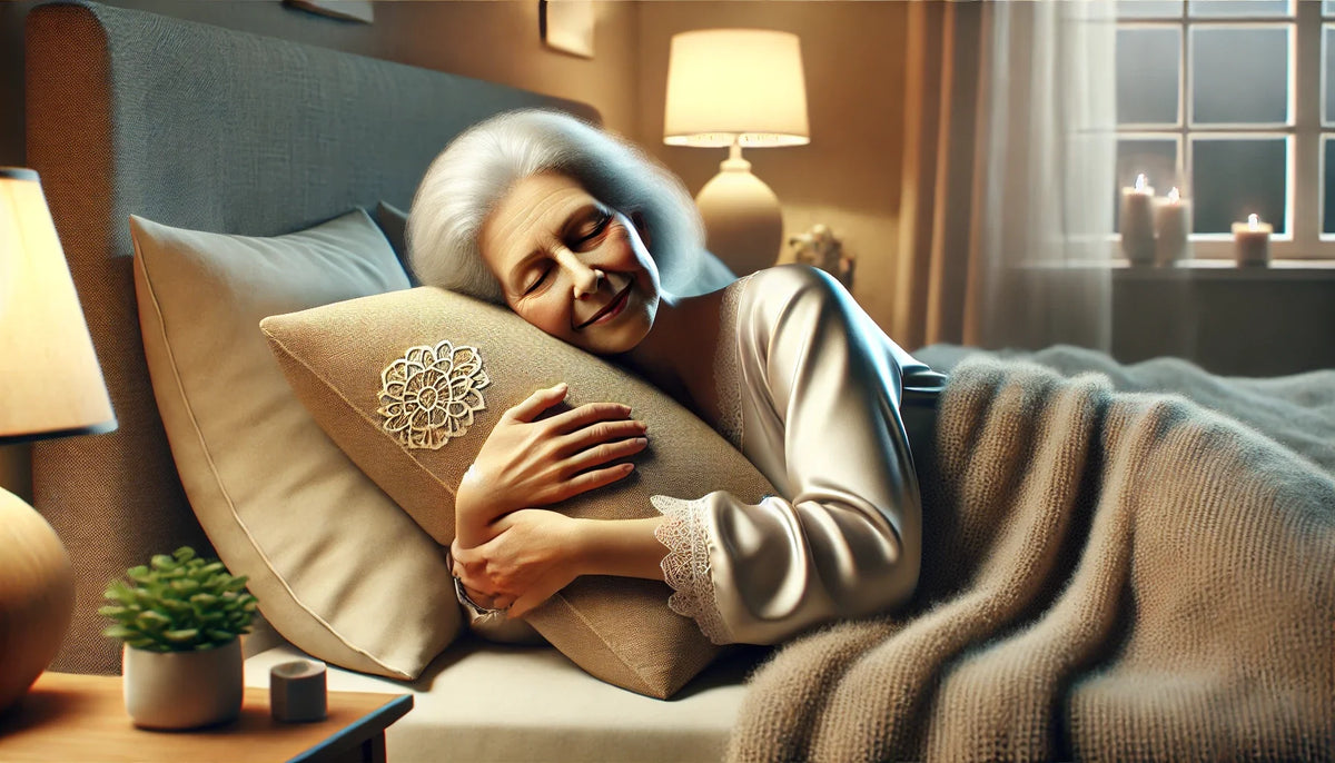 Older woman hugging a soft pillow in a cosy bedroom