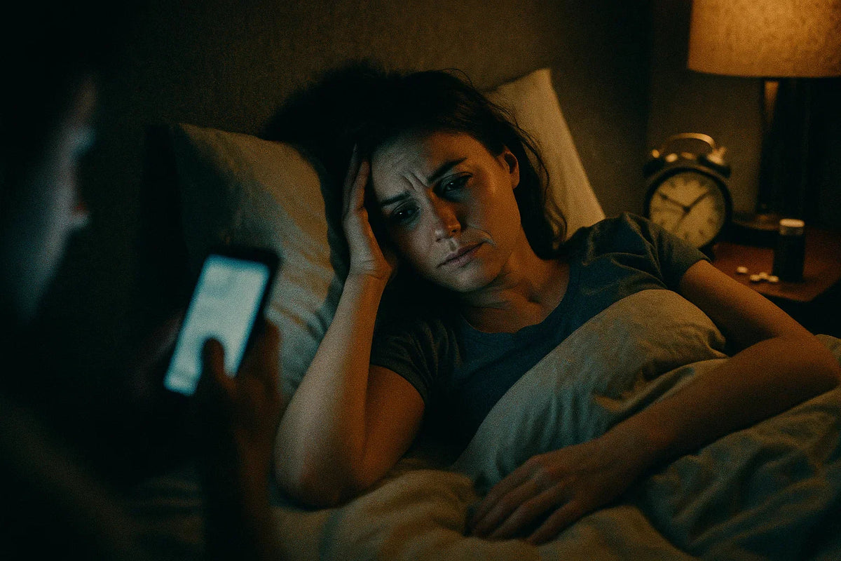 Woman lying awake in bed at night, looking at her phone