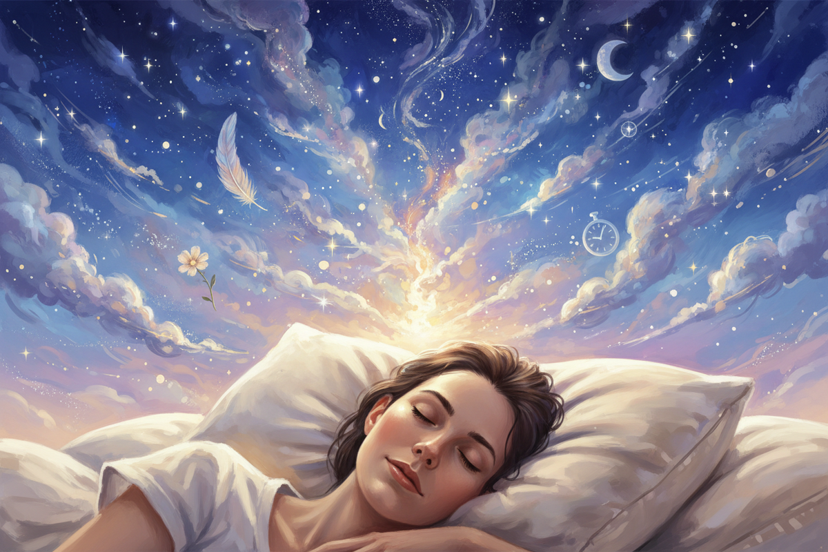 Woman asleep under a dreamy starry night sky