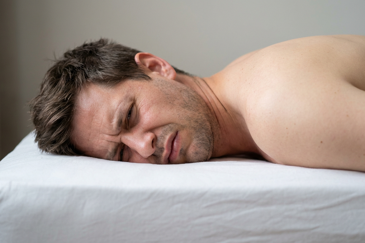 Man sleeping face-down on a flat mattress without a pillow