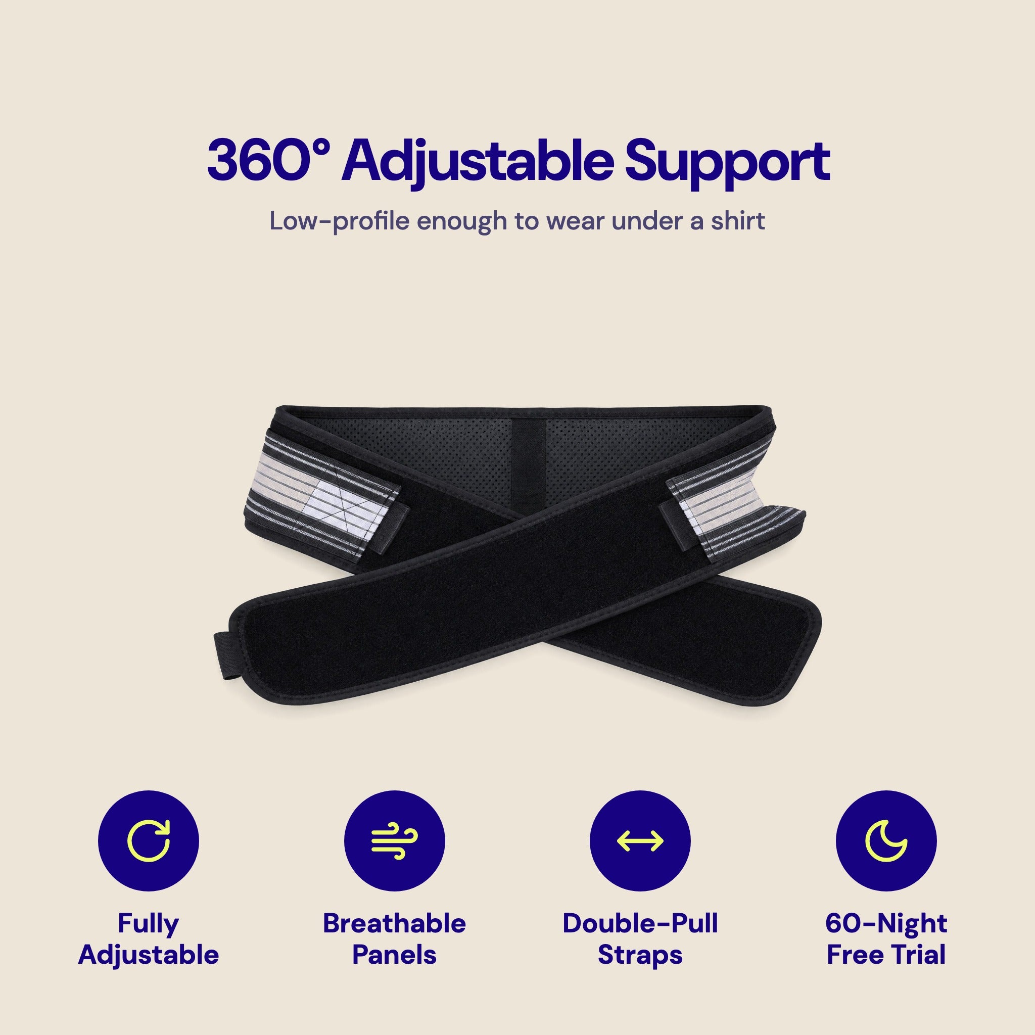 DreamSleepy Belt: fully adjustable, breathable panels, double-pull straps, 60-night free trial